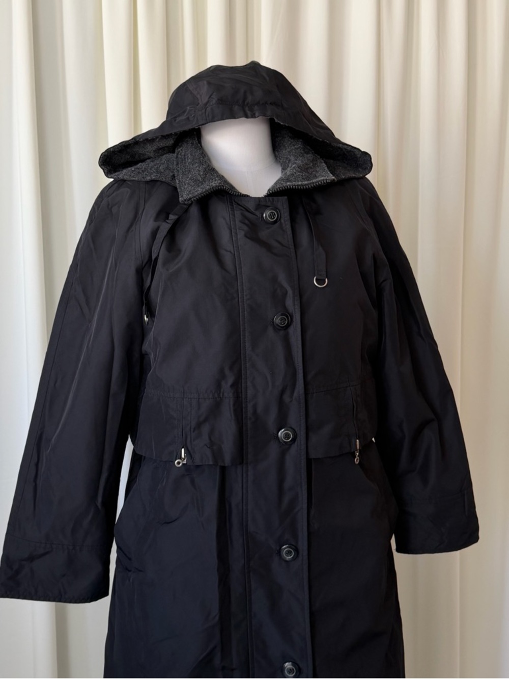 Vintage 1990s Fleet Street Hooded Black Trench Coat Gorpcore size 8Petite. - Picture 4 of 14